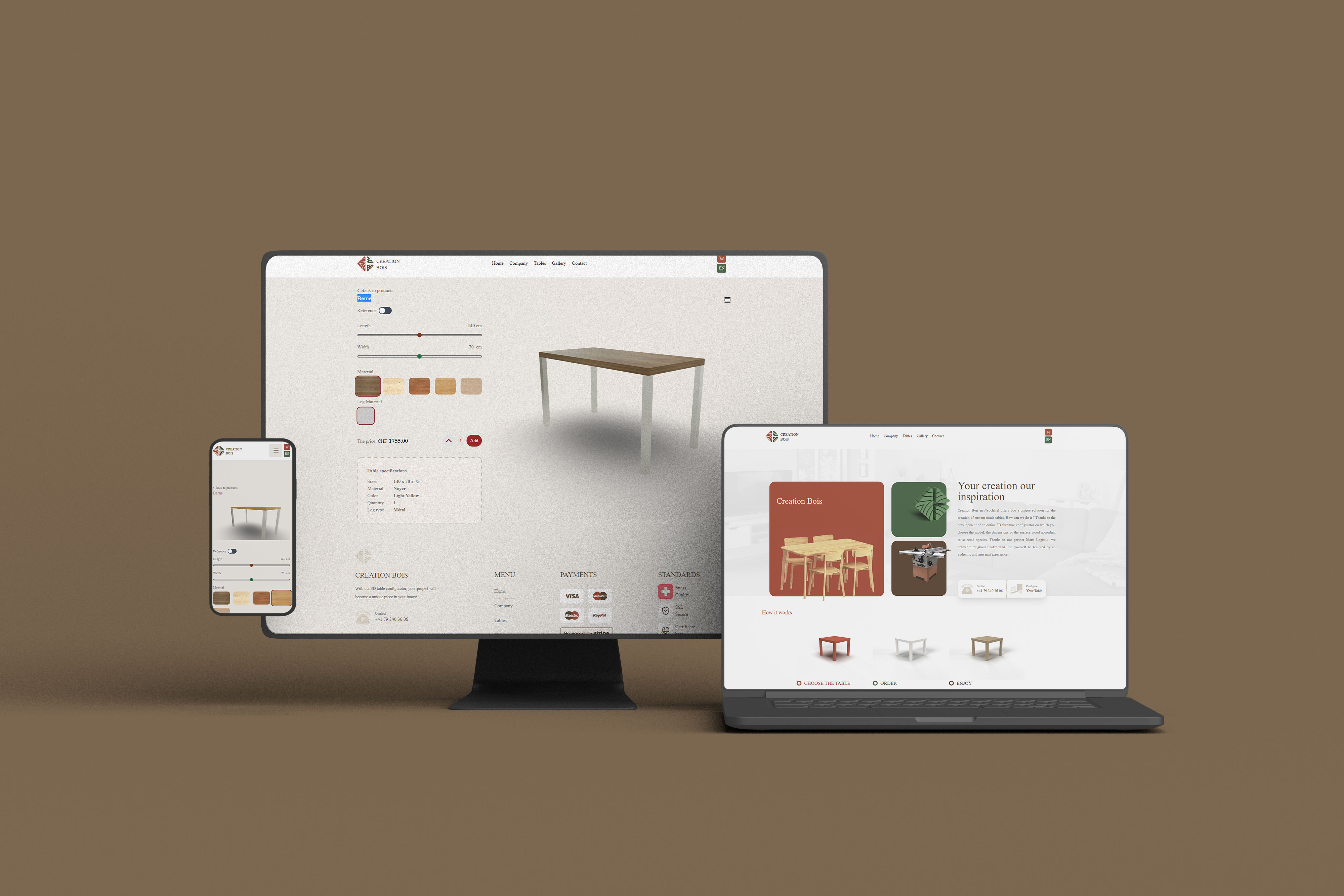 CREATION BOIS - Online store with 3D products (Three.js), you can change everything about the product and in real-ti...